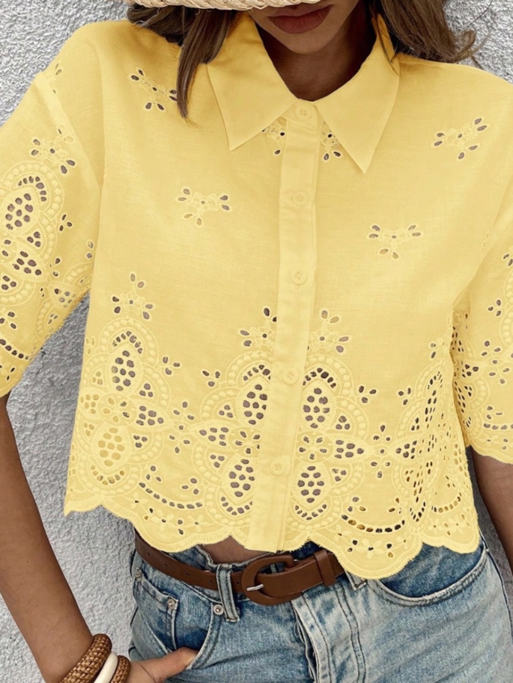 Boho Eyelet Button Down Loose Fit Short Sleeve Top